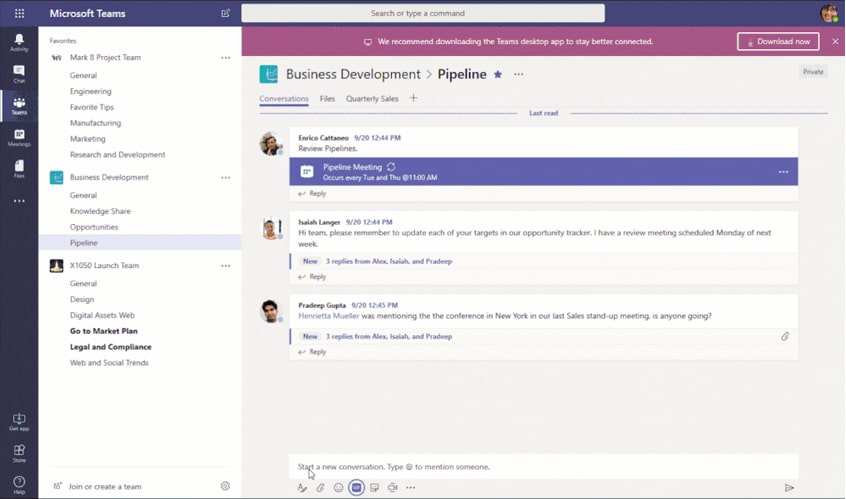 Microsoft Teams messaging app Interface