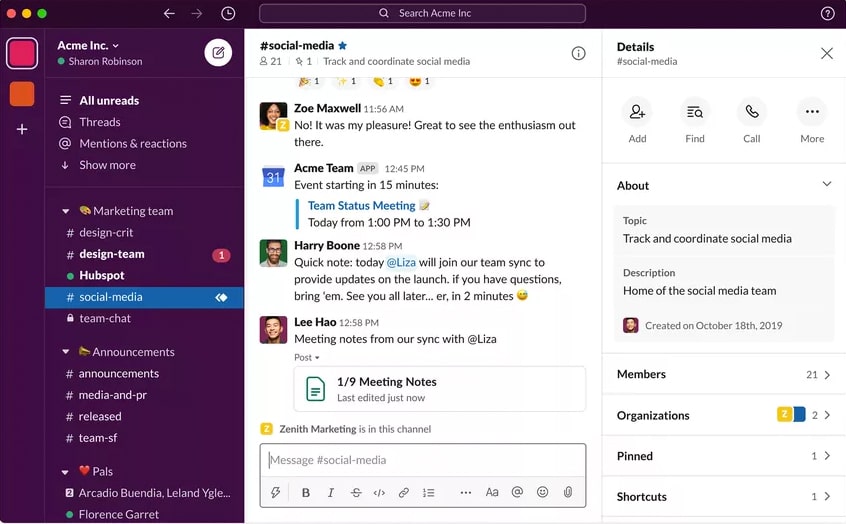 Slack team messaging app Interface