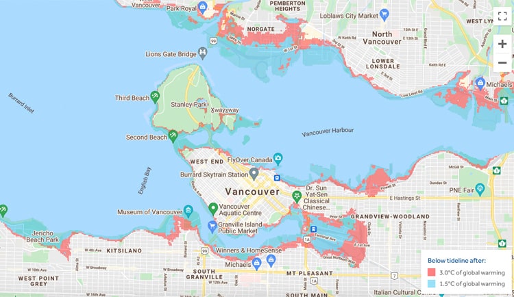 Sea=level rise over Vancouver 1.5C vs 3C